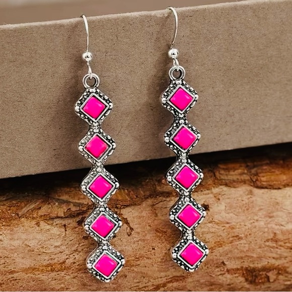 🆕 New Silver & Pink Geometric Drop Boho Earrings - Picture 6 of 8